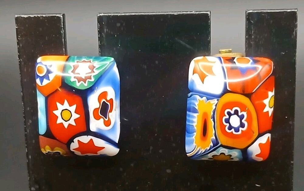 Vintage Italian Murano Millefiori Glass Rectangular Clip On Earrings Mosaic...